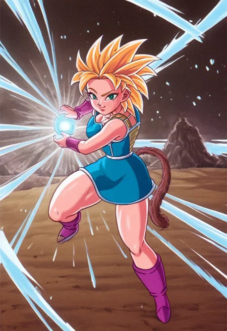 high detail, perfect face,perfect body,perfect eyes,solo,1girl,gine, super saiyan, blonde hair, medium hair, spiked hair, green eyes, monkey tail (thick thighs:1.5), big breasts, red blush, wide hips, bottom heavy,charge stance, kamehameha charge stance,energy ball, aura, electricity,
BREAK 
score_9, score_8_up, score_7_up, score_6_up, source_cartoon, <lora:officialpit_style_v11:1>, speedlines,