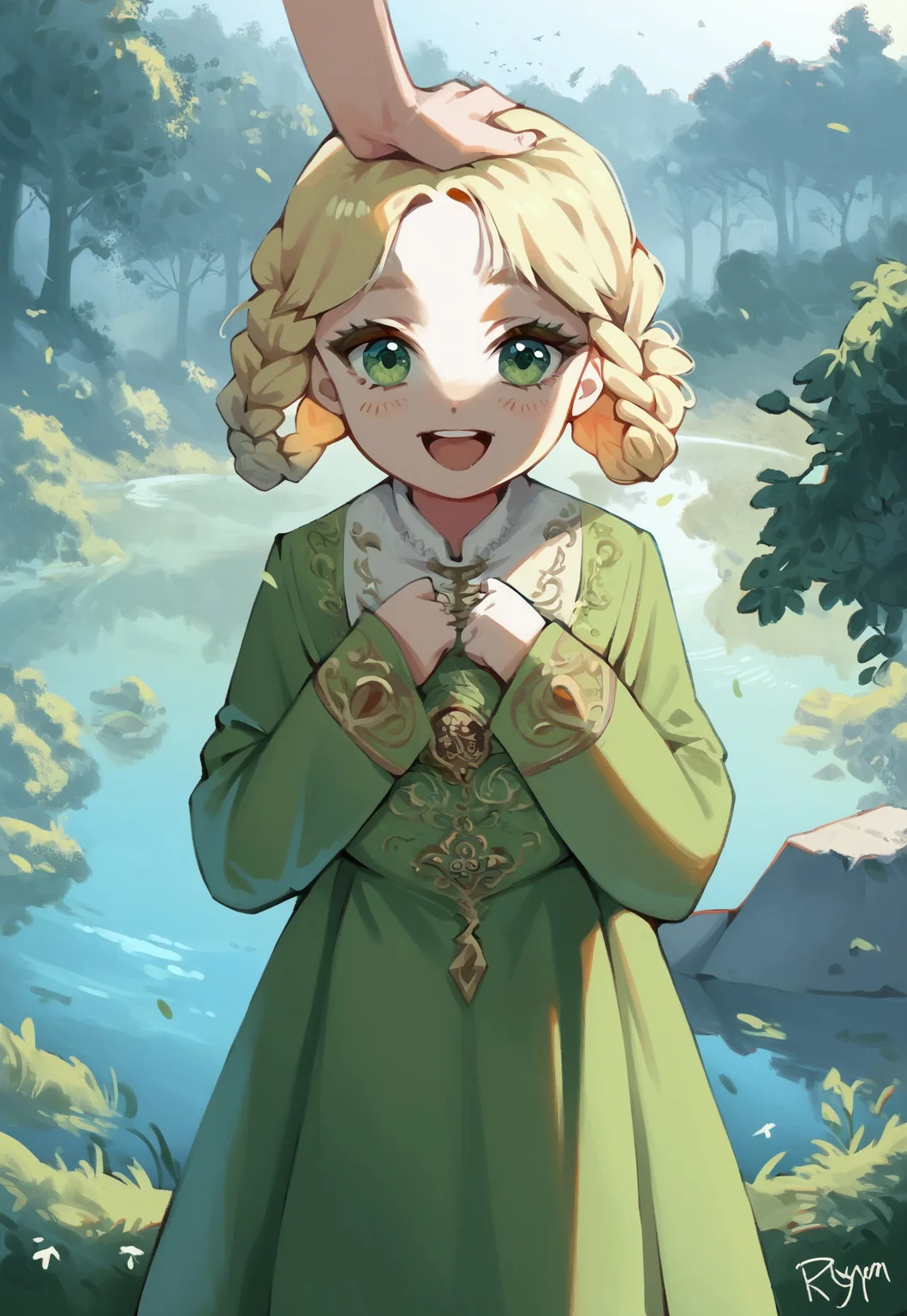 score_9, score_8_up, score_7_up, 1girl, Rya, ryazorayas, blonde hair, green eyes, braided hair rings, green dress, long sleeves, cute face, happy, young, outside, foggy weather, lake, dead trees, rock formations, holding a letter, headpat, pov hands, hands, cinematic lighting, portrait, closeup, very aesthetic background, ultrahigh resolution, detailed, masterpiece, b3yum1
