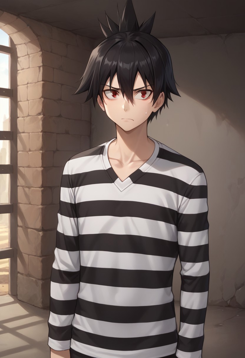 score_9, score_8_up, score_7_up, source_anime, highly detailed, 
rossen, 1boy, black hair, red eyes, male focus, striped, striped shirt, prison clothes, shirt,
indoor, dungeon, disappointed,