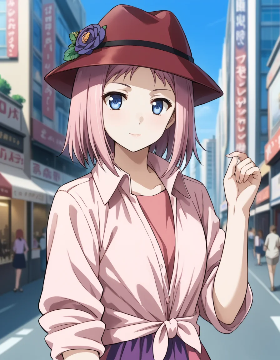 score_9, score_8_up, score_7_up, source_anime, BREAK
1girl, solo, looking at viewer, blurry background, upper body, outdoors, scenery, city, crowd, buildings, blue sky,
kazumi schlierenzauer, pink hair, short hair, blue eyes,
date outfit, hat, hat flower, pink collared shirt, tied shirt, rolled sleeves, pink dress, striped dress, wide dress, leggings
random pose,
<lora:kazumi_schlierenzauer_anime-soralz:1>