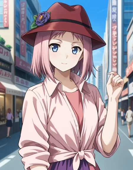 score_9, score_8_up, score_7_up, source_anime, BREAK
1girl, solo, looking at viewer, blurry background, upper body, outdoors, scenery, city, crowd, buildings, blue sky,
kazumi schlierenzauer, pink hair, short hair, blue eyes,
date outfit, hat, hat flower, pink collared shirt, tied shirt, rolled sleeves, pink dress, striped dress, wide dress, leggings
random pose,
<lora:kazumi_schlierenzauer_anime-soralz:1>