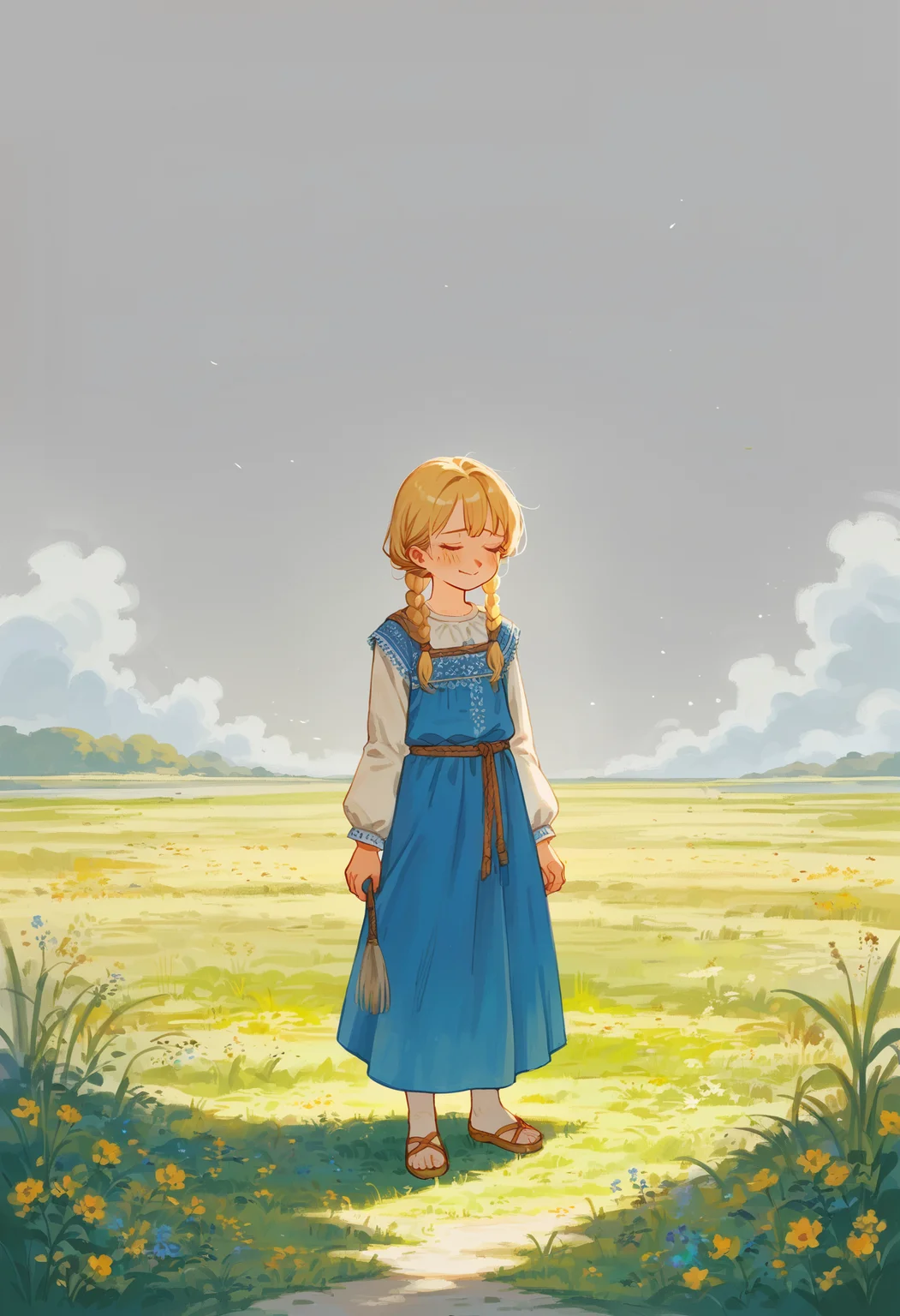 score_9, score_8_up, score_7_up, score_6_up, score_5_up, score_4_up, source_anime, digital artwork, dry grass, (steppe:1.5), (plains), ravens in grey sky, ash, standing in grey landscape, rocks, embroidery, (teenager), (blonde haired girl) in (sarafan:1.3) with (short:1.4), (sad smile), closed eyes, blue dress <lora:sarafan-v1.0_150_epochs:1.2>
