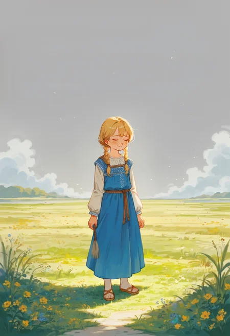 score_9, score_8_up, score_7_up, score_6_up, score_5_up, score_4_up, source_anime, digital artwork, dry grass, (steppe:1.5), (plains), ravens in grey sky, ash, standing in grey landscape, rocks, embroidery, (teenager), (blonde haired girl) in (sarafan:1.3) with (short:1.4), (sad smile), closed eyes, blue dress <lora:sarafan-v1.0_150_epochs:1.2>