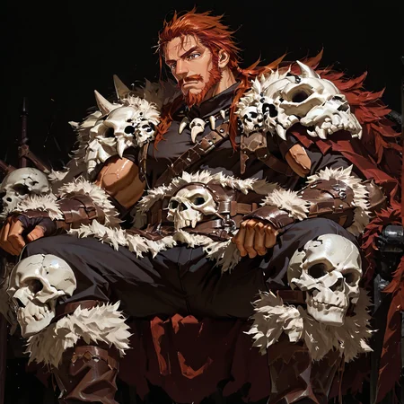 <lora:Fuu__Alchemist_Code-000004:.75> tagatamefuu, fuu_brown eyes, fuu_red hair, 1boy, tied hair, long hair, sideburns, moustache, goatee, scar on forehead, solo, male focus, manly, mature male, bara, muscular male, tooth necklace, shirt, belt, skull, fur trim, hand guard, fur cape, waistcape, pants, socks, shoes,
short hair, male focus, muscular male, muscular male, bara, mature, (hairy body, hairy, body hair, glossy skin, bara, mature, facial hair, beard, full beard, sideburn, mustache, stubble), facial hair, bara, mature, body hair, aixiwuganda_(20222192), very awa, masterpiece, best quality, absurdres, newest, perfect quality, detailed background, intricate details,, <lora:slider_Body Type_alpha1.0_rank4_noxattn_last:3><lora:Anime Summer Days 2 Style SDXL_LoRA_Pony Diffusion V6 XL:.6><lora:merged:.7>, DARK, DARK BACKGROUND, LOW-KEY LIGHTING <lora:slider_cfg_scale_boost:.7><lora:Artist6p:.55>, Artist6p, Artist04p,<lora:slider_il_contrast_slider_d1:-.25>,<lora:slider_contract_controller_illus01_v1:.3>, <lora:addon_illustriousXLv01_stabilizer_v1.121:.5>,<lora:Heavenly_Beauty_r1:1>, (heavenlybeauty,)<lora:slider_style_strength_controller_illus01_v1:.25>