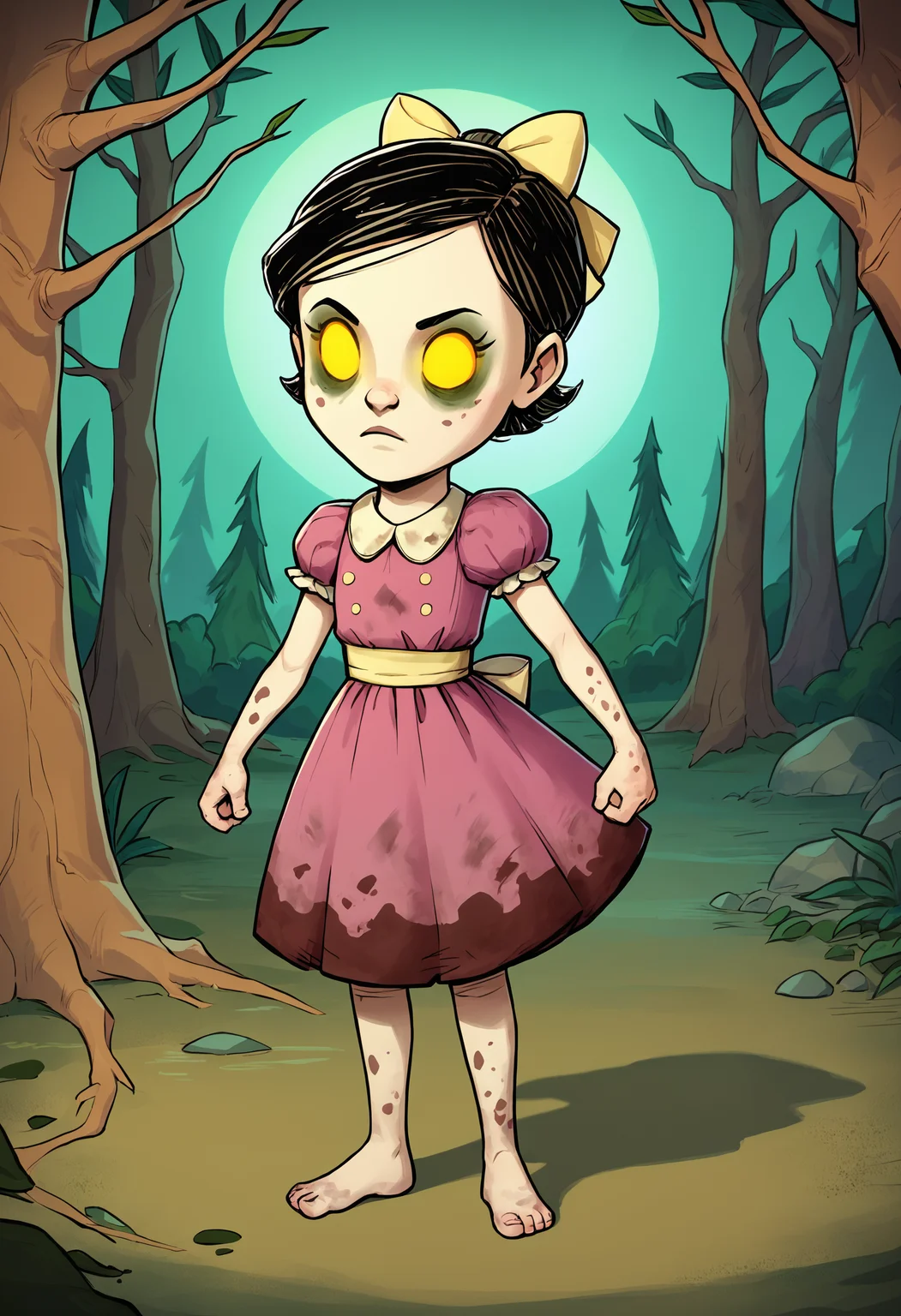 score_9, score_8_up, score_7_up, anime coloring,
BREAK
1girl, lilsis, black hair, yellow eyes, yellow sclera, glowing eyes, bow, muddy dress, dress, barefoot, dark forest, night, eerie, mysterious <lora:LittleSisterXL_byKonan:1> <lora:dontstarvestyleV2:1>