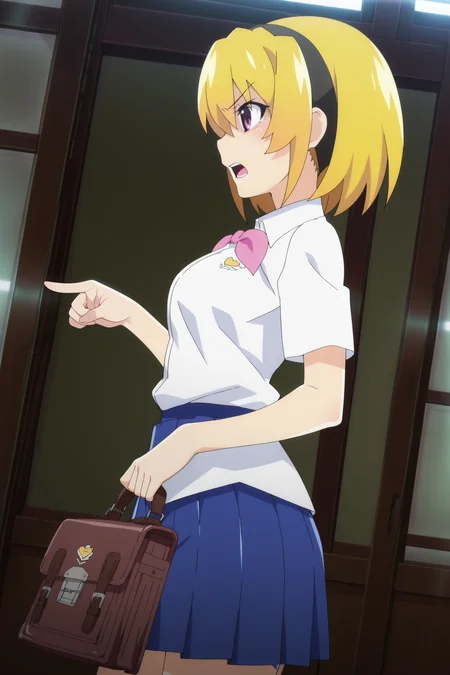 anime screencap, anime coloring, detailed face, masterpiece, best quality, very aesthetic, absurdres, volumetric lighting, official style, amazing quality, ultra detailed,  highres, amazing quality, scenery, beautiful detailed hair, beautiful detailed eyes, detailed fingers,
<lora:Houjou_Satoko_teenage_appearance_Higurashi_When_They_Cry_-_Gou_and_Sotsu:1>
Satoko St. Lucia uniform, houjou satoko, black hairband, blonde hair, skirt, hairband, shirt, school uniform, pleated skirt, white shirt, purple eyes, short hair, blue skirt, pink bow, 1girl, solo, holding, dutch angle, angry, open mouth, from the side, 3/4 view, pointing forward