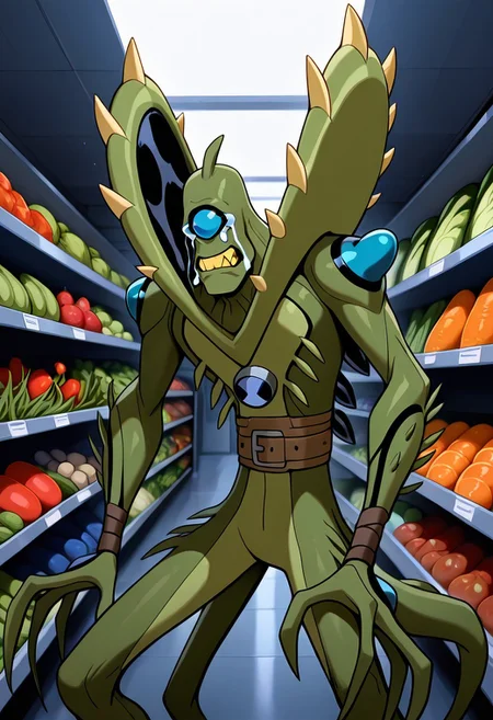 , masterpiece, best quality, amazing quality, very aesthetic, absurdres, newest,
wildvine, solo, , alien, monster, one eye, blue eye, green skin, , spikes, claws, yellow teeth,,, no hair, 1boy, Digimon, 
green skin, in grocery store, crying, vegetable isle, looking at vegetables, sad,