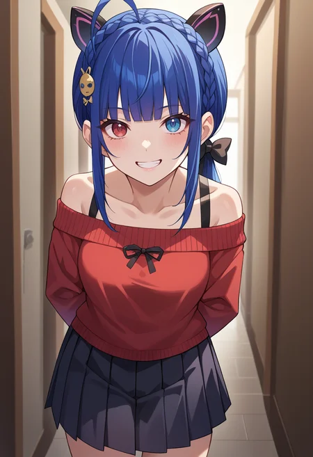 score_9, score_8_up, source_anime, 1girl, solo, TetsukawaToa, heterochromia, blue hair, long hair, blunt bangs, ponytail, braid, ahoge, fake animal ears, hair ornament, hair bow, black bow, red sweater, off-shoulder, looking at viewer, black skirt, pleated skirt, hallway, grin, arms behind back, leaning forward, <lora:ChamTetsukawaToaPonyXL:1>