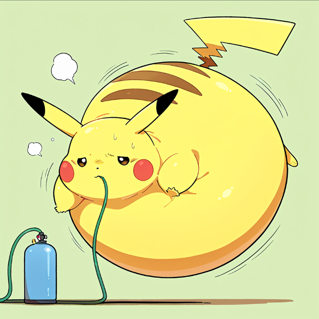 spherical-inflation, pokemon \(creature\), huge pikachu, face down, hose in mouth, panicking, gas tank, floating, motion lines, air leaking,