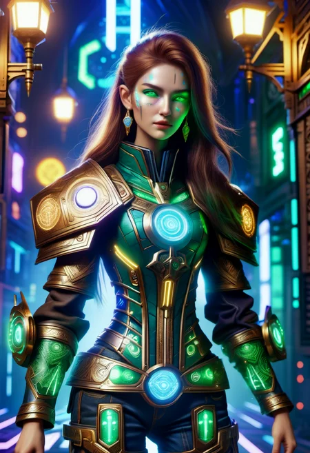 hyper detailed masterpiece,DonMMy51ic4lXL, female medieval minstrel, cybernetic mercenaries, human mercenaries with cybernetic implants and body augmentations, golden age, agile, southeast asian, dark green eyes, round ears, fleshy nose, blunt jaw, oblong face shape, , dark auburn bob cut hair, curiosity, solar-powered radiance, character basks in sunlight with arms outstretched, absorbing solar energy through integrated panels, wearing circuit board pattern virtual reality graphene cyber-denim shorts, cybernetic corset, quantum neon platform sandals, cyber-denim bucket hat, , cybernetic stance, character crouches with one knee on the ground, the other leg extended, and one arm outstretched, showcasing cybernetic enhancements, rain-soaked streets with neon reflections, cybernetic rebels facing off against heavily armed corporate enforcers, cyberpunk fantasy , runes <lora:DonMMy51ic4lXL-v1.1-000006:0.8>
