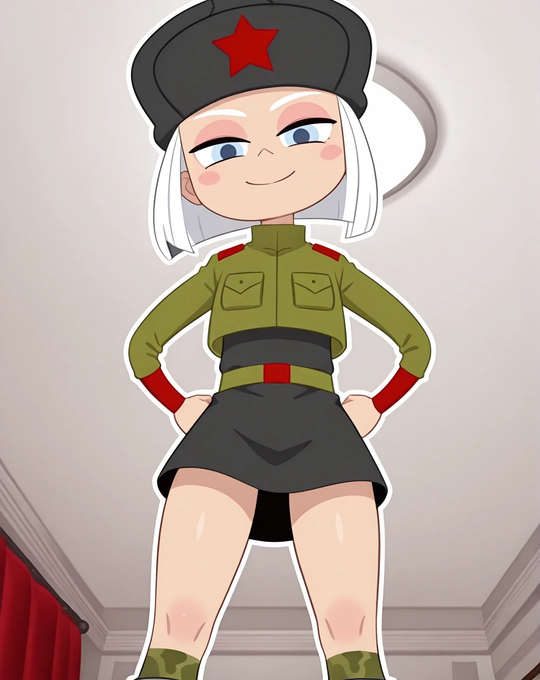 Vera, 1girl, solo, pale blue eyes, short hair, white hair, pink cheeks, earflap hat, green military jacket, dark gray dress, belt, camo stockings, grey boots, (big thighs), dark room,pov,from below (smile, dutch angle, Hands on hips,naughty pose, looking at viewer, indoors, elegant room, solo, dynamic pose, full_body, head tilt,),((white background, White frame, white outline))