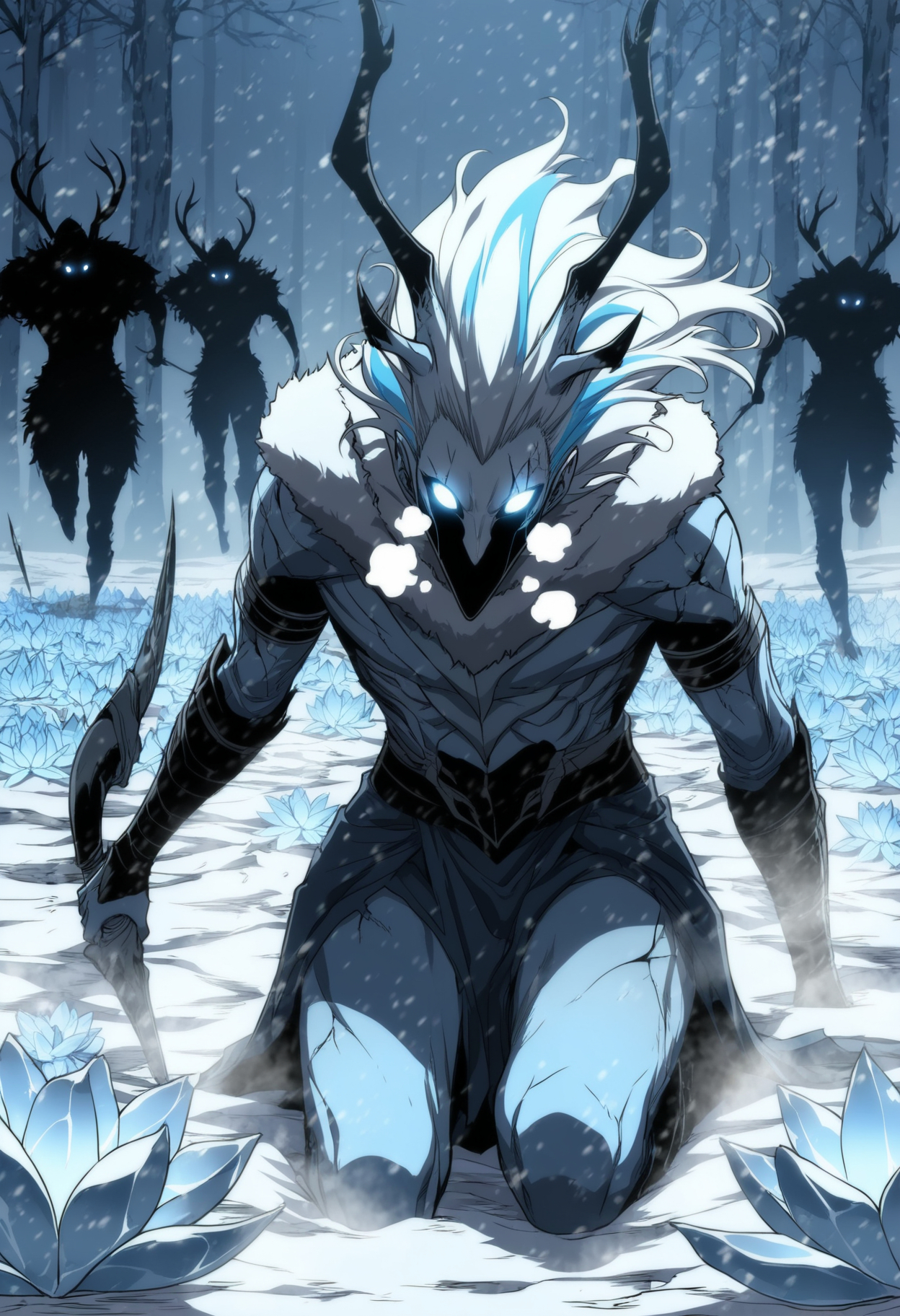 A ghostly huntress kneels in a field of frozen lilies, her bone-white hair streaked with frost as she nocks an arrow made of moonlight. The bowstring hums with the sound of a distant blizzard, and her breath swirls into the shapes of running stags. Behind her, the shadows of forgotten gods watch silently from the treeline. Hauntingly beautiful winter folklore, rendered in soft graphite smudges and glacial blue washes.
 <lora:SH_Sololvl_Style_v2:0.7> sololvl_style
 <lora:DynamicPoseIL2att_alpha1.0_rank4_noxattn_900steps:0.7> dynamic pose
 <lora:Sinozick_style:0.3> Sinozick_illu,spot color