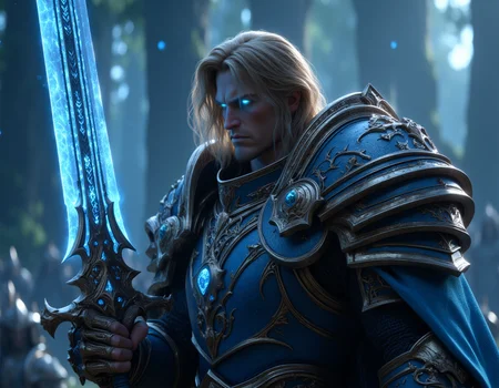 A cinematic ingame screen shot from World of Warcraft on a mighty Paladin knight. He got short flowing blond hair, beautiful face features, blue eyes, wearing a blue shiny magical armor with golden trimmed detailds. In his right hand he is holding a giant glowing greatsword by the handle in a dynamic attack pose. blue glowing runes along the blade. He is standing in an empty battle field. full body shot. Amazing details, insane quality, hkstyle <lora:hkstyleFluxV3:0.85> <lora:Elden_Ring_-_Yoshitaka_Amano:0.6> <lora:FluxMythP0rtr4itStyle:0.65>