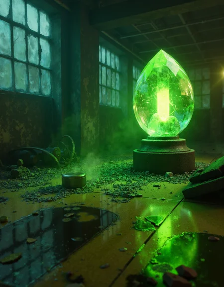 zavy-psnglw, Close-up perspective from a low angle, a mysterious crystal orb emitting a vivid green, toxic glow, an abandoned laboratory filled with shattered glass and rusty machinery, moody cinematic style with dramatic shadows, dark hues interspersed with neon greens and eerie yellows.