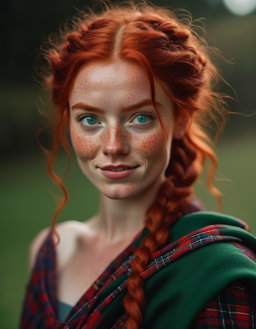 A portrait of a young, freckled Scottish woman with fiery red hair, styled in a loose braid over one shoulder. Her green eyes are filled with a mischievous sparkle, and she wears a tartan shawl over a simple dress, her expression playful yet strong. <lora:usual-portrait-v2:1>
