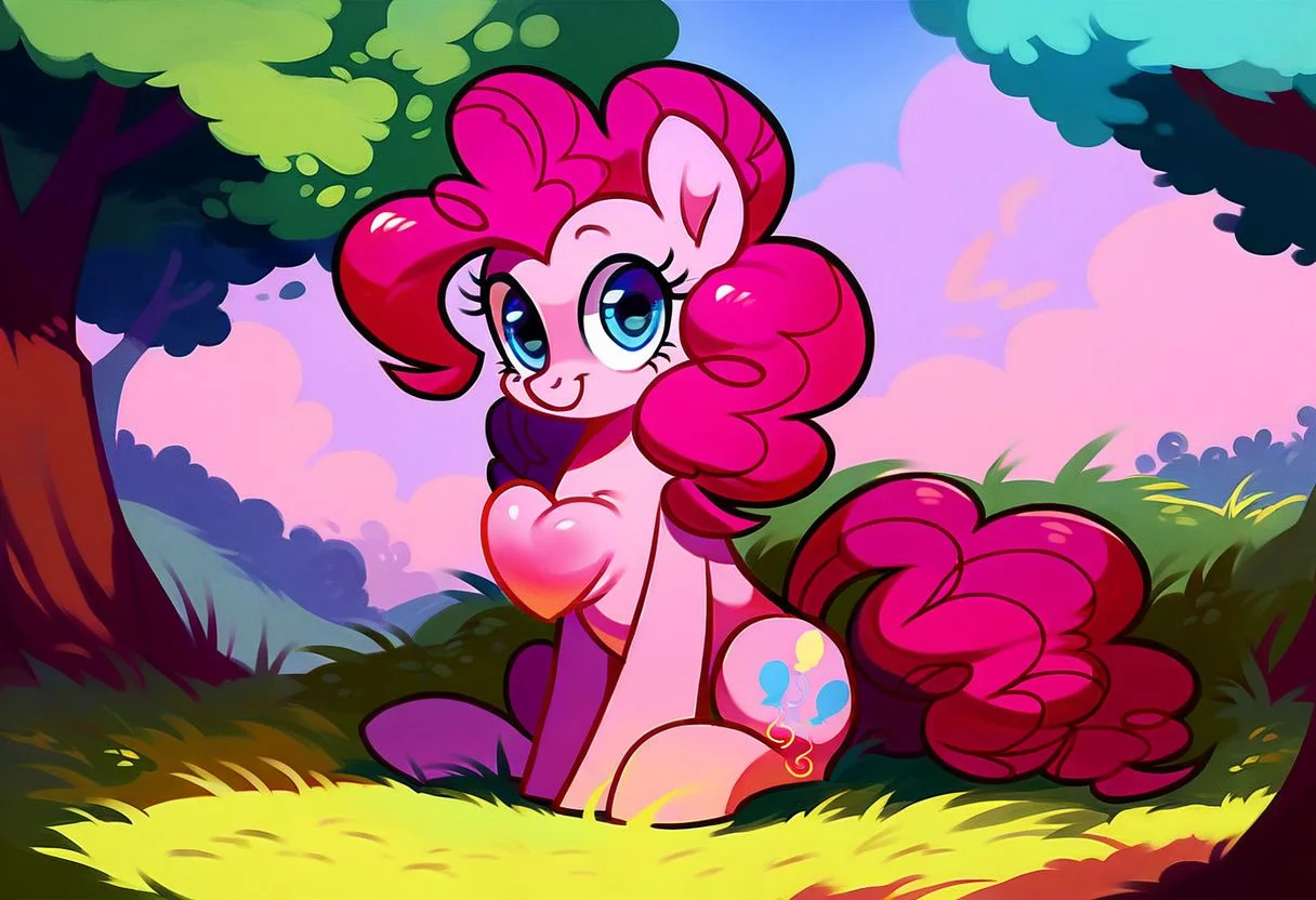 score_9,score_8_up,score_7_up,score_6_up,score_5_up,score_4_up, Heart out of chest, 1girl, solo, no humans, pony, pinkie pie, curly hair, pink hair, blue eyes, sitting, smile, outdoors, grass