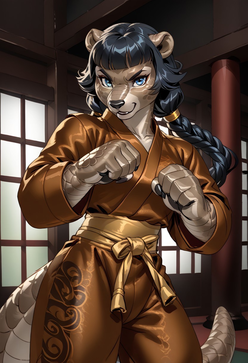 score_9, score_8_up, score_7_up, (by jailbird:1.5), (by kittydee:1.5), (by zummeng:1.5), masterpiece, best quality, (solo),  
(Furry Art: anthro: pangolin:1.5), 1girl, expressive eyes, feminine eyes, <lora:beautiful_detailed_eyes:1>, perfect face, exotic mammal, plate-like scales, claws, long snout, small animal ears, brown skin, blue eyes, (black hair:1.5), (straight hair), (twintail hair), medium breasts, (kung-fu topwear:1.5), (kung-fu pants:1.5),