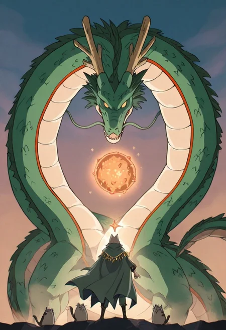 masterpiece, best quality, amazing quality, Pusheen, Pusheen standing next to 7 orange balls that have stars on them, summoning shenron dragon, shenron, extremely long green dragon shenron, bosstyle