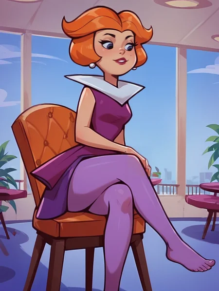 score_9,score_8_up,score_7_up,score_6_up,score_5_up,score_4_up <lora:Smooth Night Style SDXL_LoRA_Pony Diffusion V6 XL:0.7> 1girl,solo, <lora:Jane_JetsonPonyV3:1> jane_jetson, orange hair, short hair, scifi furnitures, dress, pantyhose, sitting on chair, crossed legs, feet, scifi scenery,