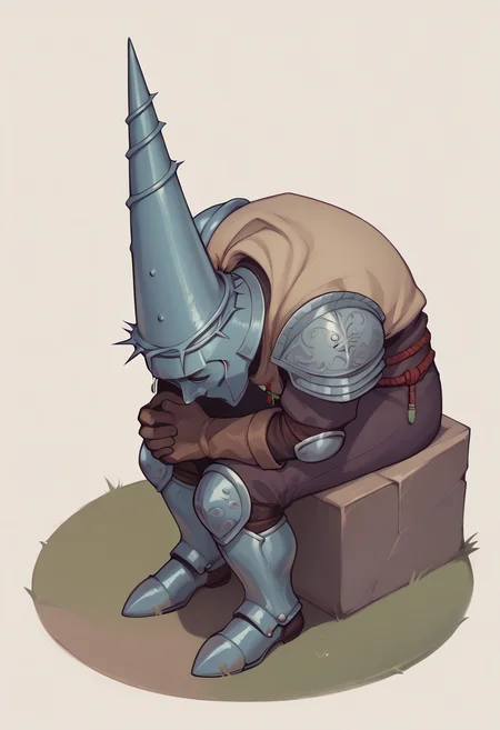 score_9, score_8_up, score_7_up, score_6_up BREAK shinjichair, sitting, head down,penitent one,helmet, brown gloves,armor,shoulder armor <lora:sppenitentOneXLPony:0.8> <lora:concept_shinjichair_ponyXL:1>