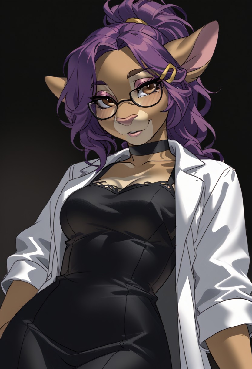 score_9, score_8_up, score_7_up, (by jailbird:1.5), (by kittydee:1.5), (by zummeng:1.5), masterpiece, best quality, (solo),  
(Furry Art: anthro: Aardvark:1.5), 1girl, expressive eyes, feminine eyes, <lora:beautiful_detailed_eyes:1>, perfect face, aardvark, mammal, brown skin, large ears, long nose, brown eyes, ponytail hair, purple hair clips, messy hair bangs, brown eyes, black glasses, medium breasts,  (scienist lab coat :1.5), (black dress:1.5),