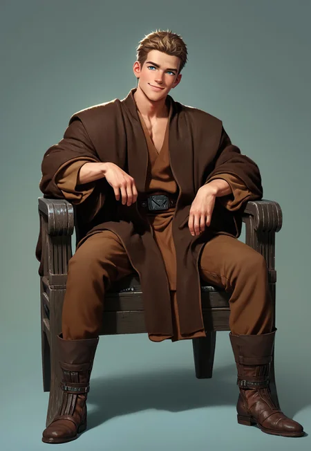 score_9,score_8_up,score_7_up,score_6_up, 1boy, boy,(handsome, cute) solo, blue eyes, blond hair, sitting on chair, smug,, very short hair,(muscular body:0.7)), Sci-fi Environments, Sci-fi chair, jedi robe, 1boy, male focus, full body, jedi robe, belt, brown clothes, robe, coat, Coruscant