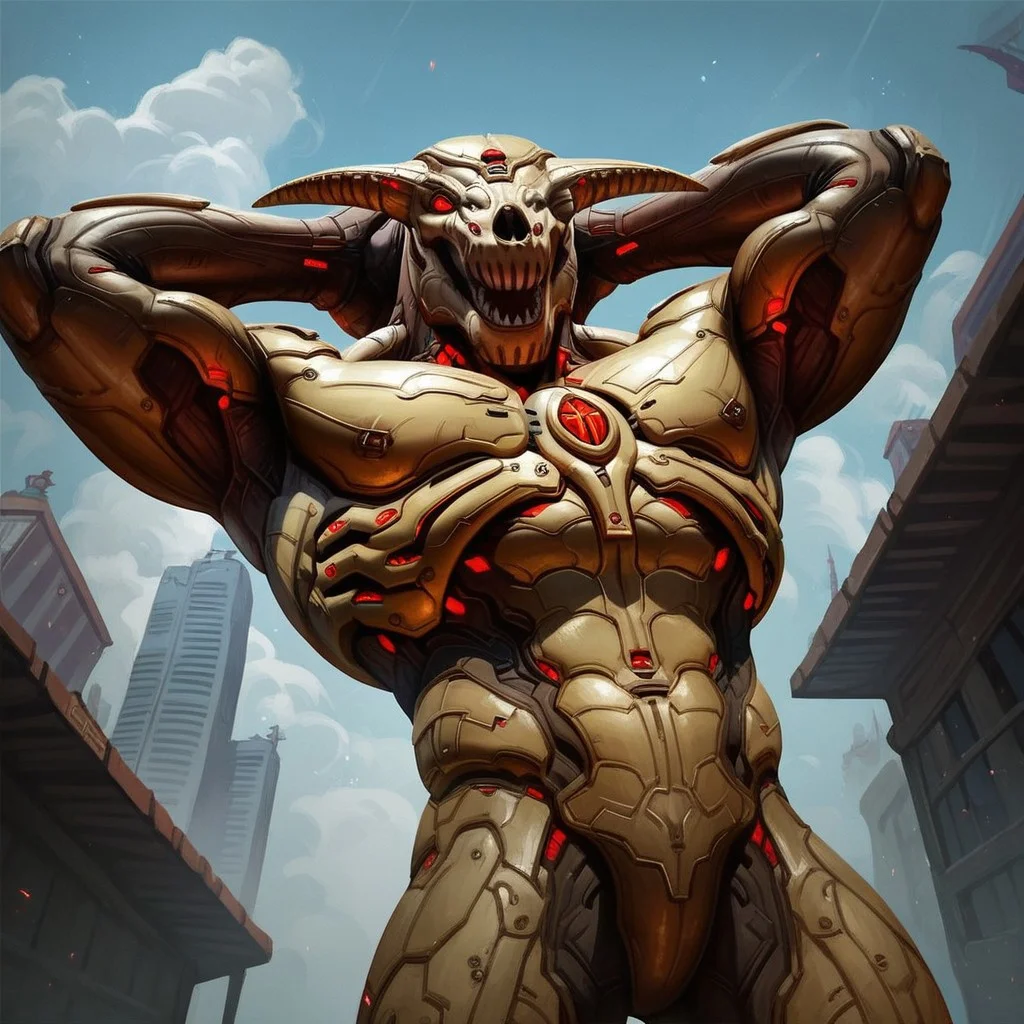 score_9, score_8_up, score_7_up, Expressiveh, masterpiece, best quality, highly detailed, realistic, (zPDXL3), solo, IconOfSin, anthro, demon, caprine demon, armor, metallic body, horns, red eyes, no pupils, white body, (((standing, low-angle view, hands behind head, sharp teeth, open mouth, tongue out, one eye closed, muscular male)), looking at viewer, afternoon, streets, shops, outdoors, city