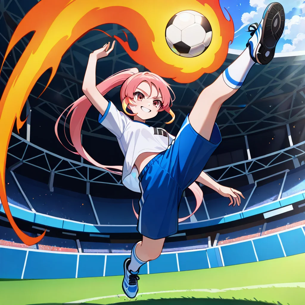 masterpiece, best quality, absurdres, ultra detailed eyes, safe
SH1N0HARAS0CC4, White jersey, blue Pants, Sports socks, yellow stripes, 1girl, stadium, kicking ball, goal, fire, teeth, smile, overhead,jump, airflow, blue stripe through shirt