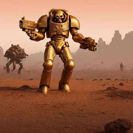 a polished gold trmntr with no helmet holding an assault cannon walks across an alien battlefield searching for enemies, rockets streak across the sky and explode into the landscape, apxlz