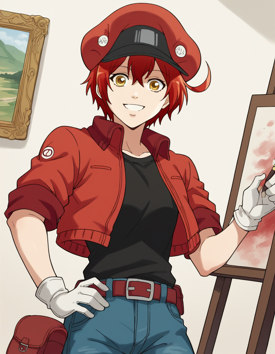 score_9, score_8_up, score_7_up, source_anime, <lora:red-blood-cell-ae3803-s1-ponyxl-lora-nochekaiser:1>, red blood cell ae3803, short hair, hair between eyes, yellow eyes, ahoge, red hair,, shirt, gloves, hat, jacket, belt, pants, white gloves, black shirt, denim, red headwear, red jacket, jeans, cabbie hat,, museum, art exhibit, paintings, observing, quiet contemplation, cultural experience, smile, looking at viewer, arm bent at elbow, solo,, cowboy shot, dutch angle