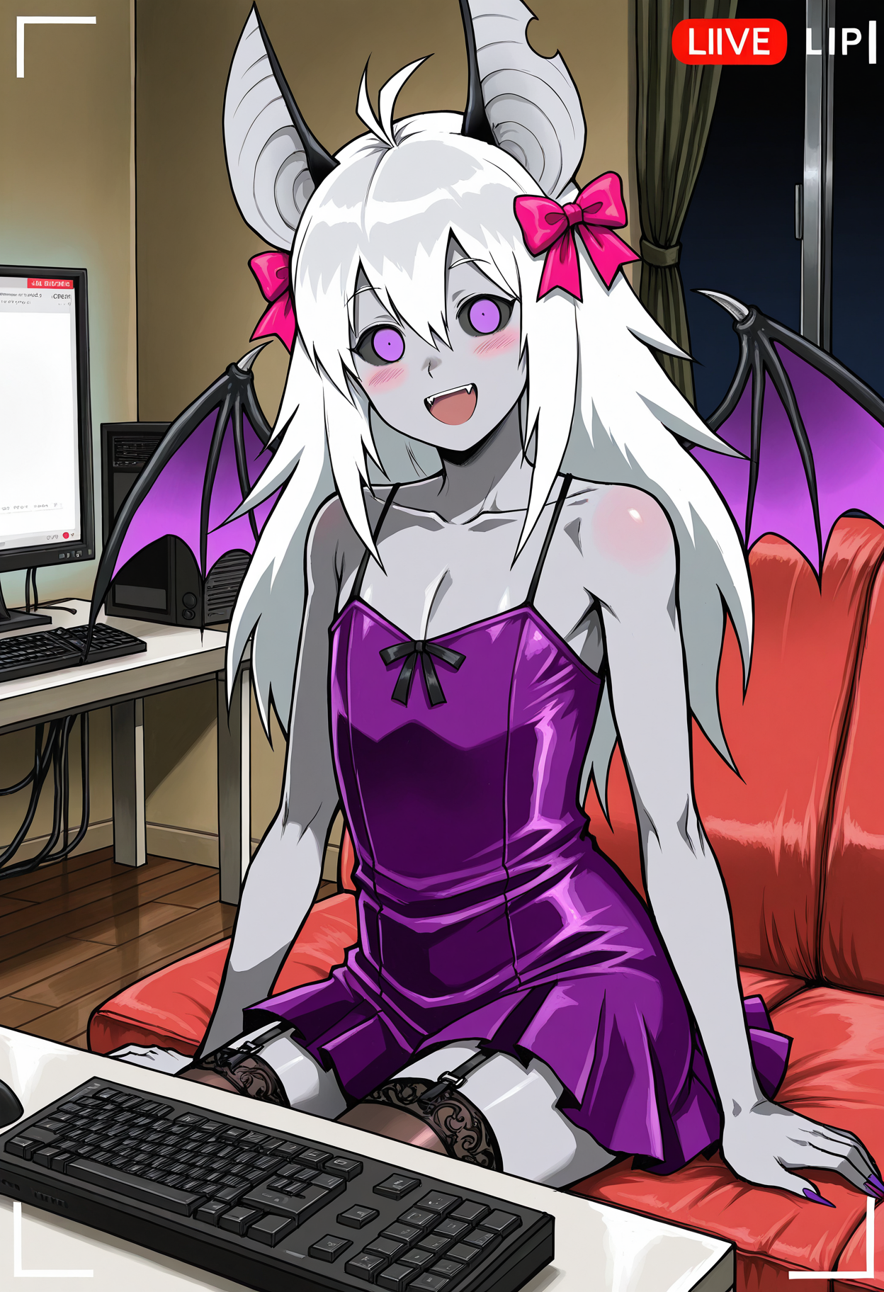 solo,1boy, trap, flat chest, small eyes, black sclera, purple eyes, without pupils, color skin, grey skin, bat ears, bat wings, long nails, fangs, long hair, white hair, skinny,
smile, monitor, garter straps, thighhighs, blush, bare shoulders, skirt, computer, hair bow, sitting, livestream, ^ ^, open mouth, dress, keyboard (computer), :d, collarbone, bow, looking at viewer, living room,
<lora:QHayashidaIL-style:1>, qhayashidastyle312,masterpiece,best quality,amazing quality,