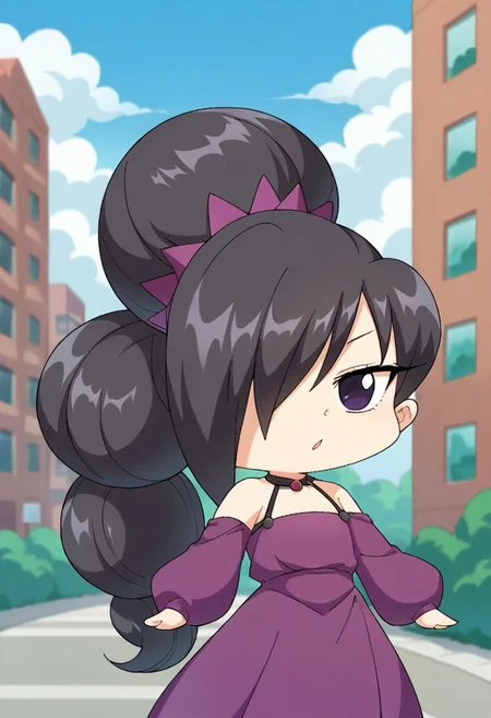 score_9, score_8_up, score_7_up, source_anime, scorpio, 1girl, solo, long hair, black hair, dress, bare shoulders, purple eyes, outdoors, sky, day, hair bun, chibi, hair over one eye, purple dress, big hair