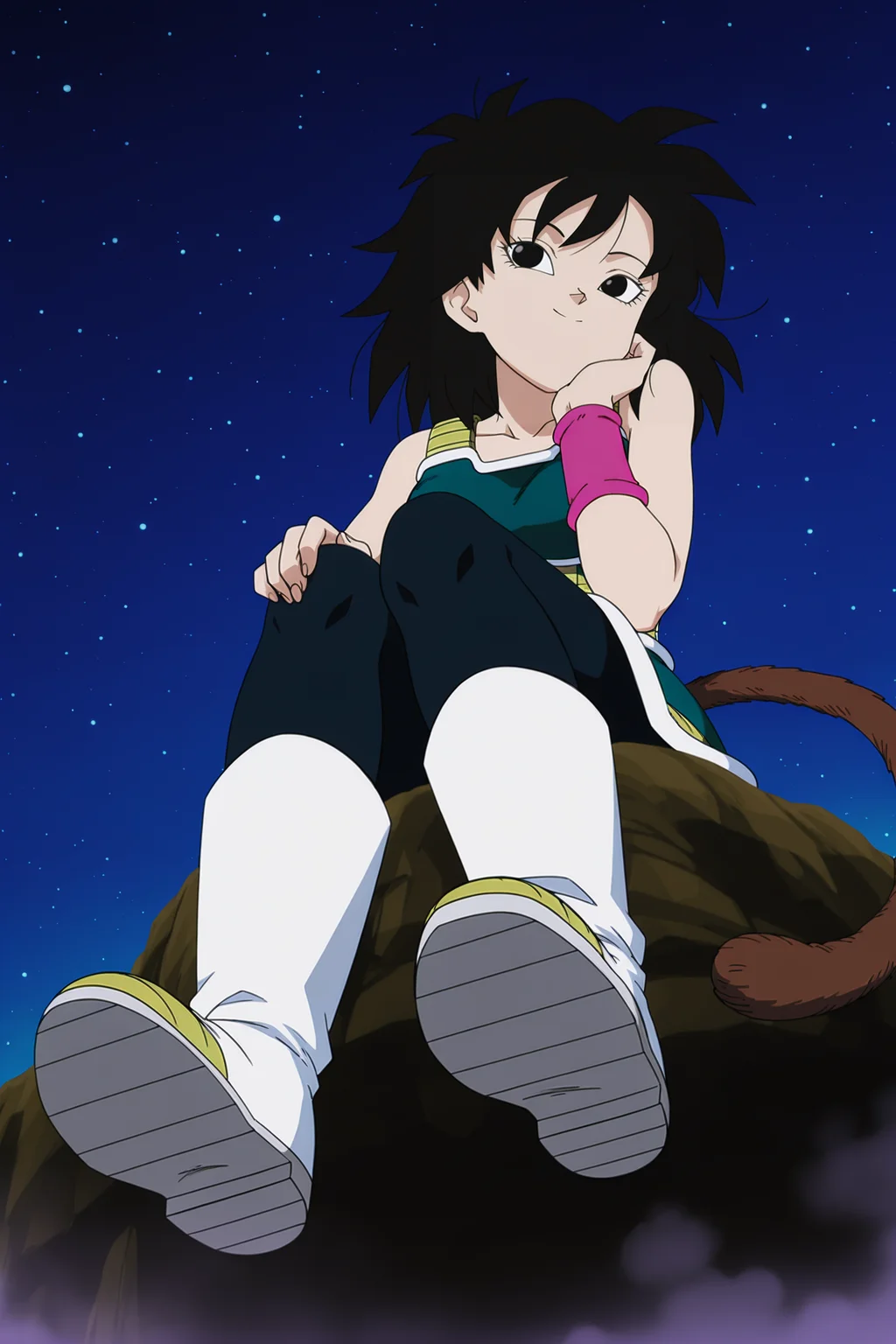anime screencap, absurdres, high quality, official style,
gine, official style, black saiyan armor, black skirt, 1girl, solo, smile, black hair, sitting on rock, full body, boots, two tone footwear, white footwear, pantyhose, white trim, sky, black eyes, night, pink wristband, star \(sky\), night sky, starry sky, head rest, monkey tail, saiyan armor, eyebrows, eyelashes, black legwear, hand on thigh, fog, from below, shoe soles,
<lora:Gine_IL:0.8>