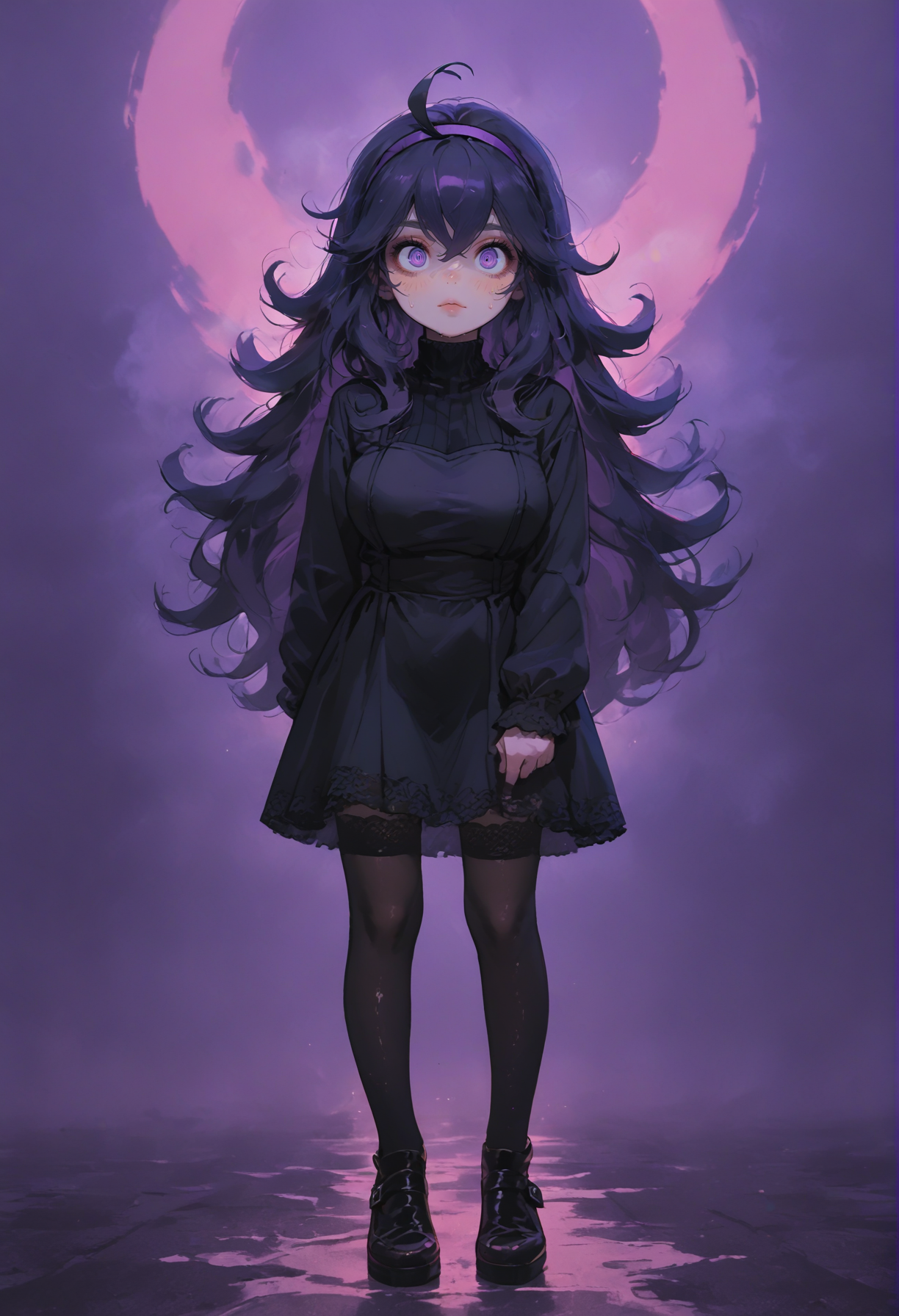1girl, hex maniac (pokemon),purple hairband, black thighhighs, long hair,purple eyes, messy hair, @ @,  looking at viewer,
black dress,large breasts, lace, gothic style,cowboy shot,leather shoes, black suspenders,
<lora:sdxl_lightning_8step_lora:1>
score_9, score_8_up, score_7_up,score_6_up,
masterpiece, best Quality,source_anime,
dispersion effect,steam, sweat skin, vivid colours,
<lora:P0p4rtXLP:1> p0p4rt ,colorful,