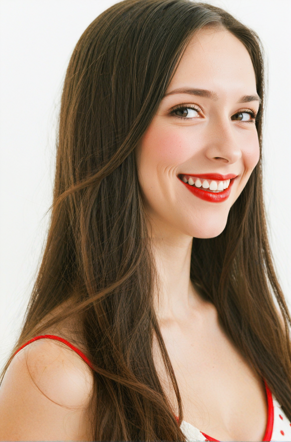 lovehewittxl, red lipstick, smile, long hair, dress, white background, realistic textures, high quality image, film grain <lora:lovehewittxl:1>