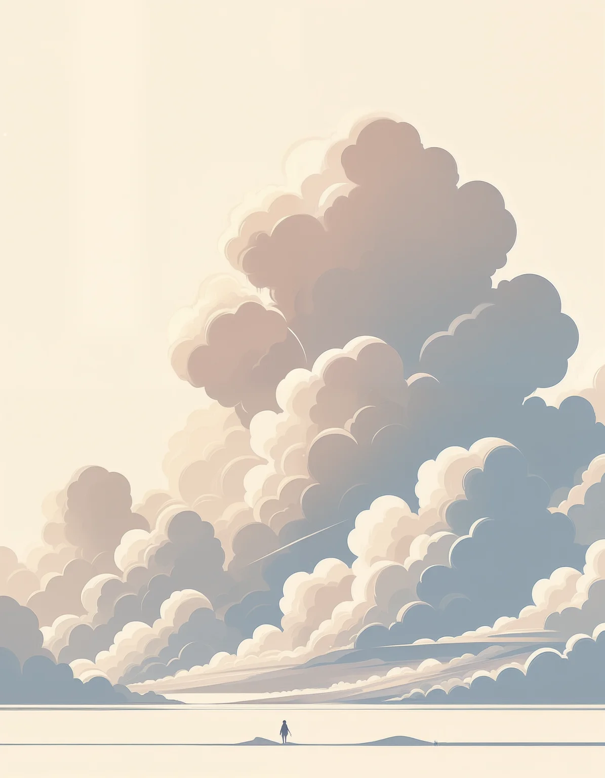minimalistic, flat color, no lineart, vast flat landscape, epic clouds