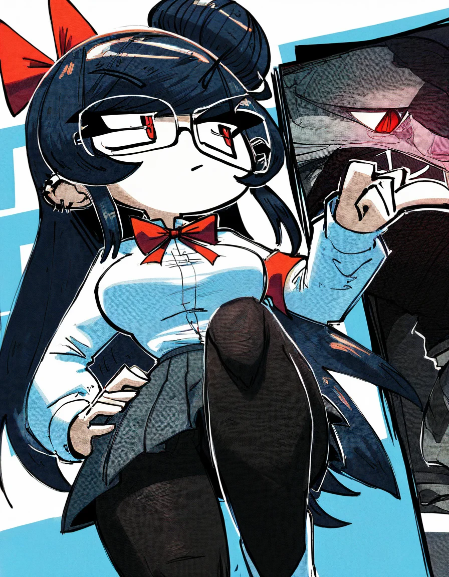 (StyleBirdBlitz),(masterpiece, best quality, very awa,absurdres),
1girl, solo, long hair, breasts, white background, blue background, gradient background, halftone, polka dots, shirt, large breasts, skirt, black hair, long sleeves, , red eyes, holding, bow, ribbon, closed mouth, jewelry, very long hair, medium breasts, standing, blue hair, school uniform, white shirt, (upper body, close up:1.2), grey hair, hair ribbon, ponytail, sidelocks, hair bow, pantyhose, earrings, pleated skirt, collared shirt, glasses, puffy sleeves, hand up, bowtie, black skirt, miniskirt, hair bun, bag, red bow, red ribbon, blue skirt, black pantyhose, looking to the side, v-shaped eyebrows, sketch, hand on own hip, neck ribbon, dress shirt, colored skin, swept bangs, frown, piercing, white footwear, leg up, standing on one leg, single hair bun, ear piercing, red bowtie, armband, index finger raised, semi-rimless eyewear, grey skirt, walking, black-framed eyewear, shirt tucked in, sanpaku, rectangular eyewear, thighs, pants, black pants, (slit eyes, slit pupils:1.3), spot color, round eyewear, jitome, no nose, leggings, :/, (completely white skin, pale skin