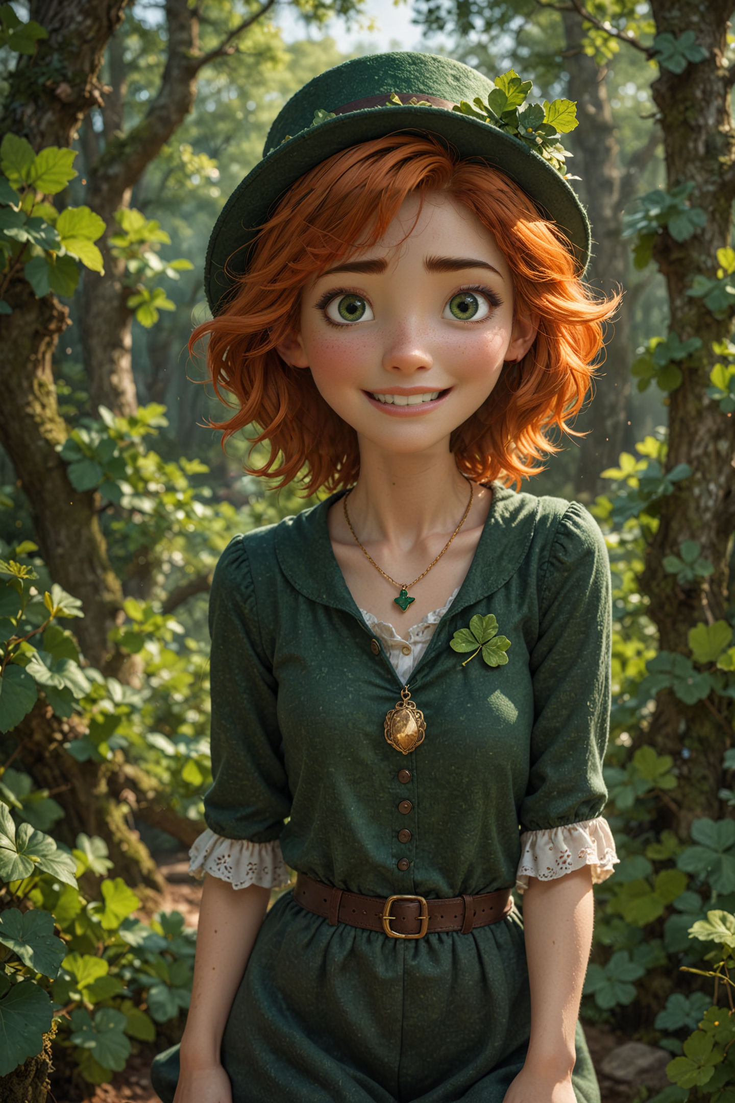 score_9, score_8_up, score_7_up, score_6_up, score_5_up, score_4_up, 1girl, freckles, realistic,  orange hair, beautiful eyes, wearing a shamrock necklace, leprechaun top hat, leprechaun woman, lush green irish forest background, rating_safe, shy smile, luscious lips