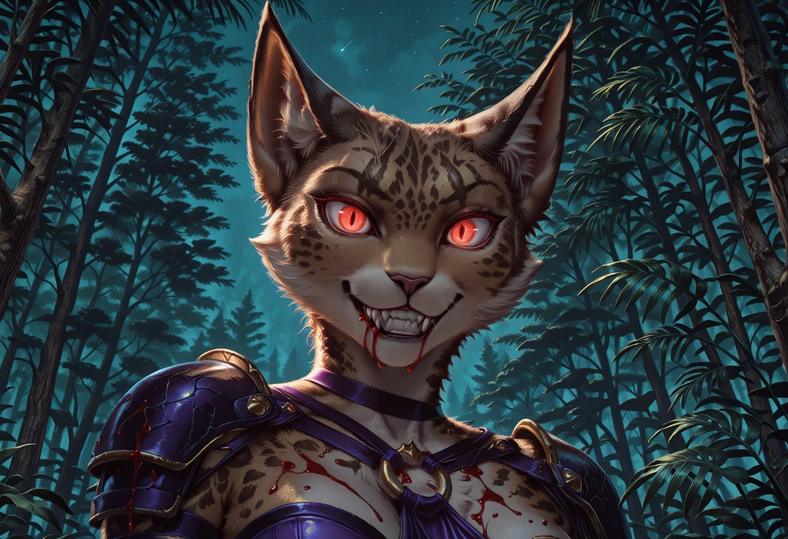 masterpiece, best quality, amazing quality, photorealism, MirriMTG, 1girl, solo, furry, animal focus, purple leotard, shoulder armor, cat ears, outdoors, dark jungle, nighttime, glowing eyes, vampire, looking at viewer, sinister grin, face close-up, blood <lora:Mirri_Cat_Warrior_Magic_the_Gathering:.9> <lora:illustriousXL_stabilizer_v1.72:.8>