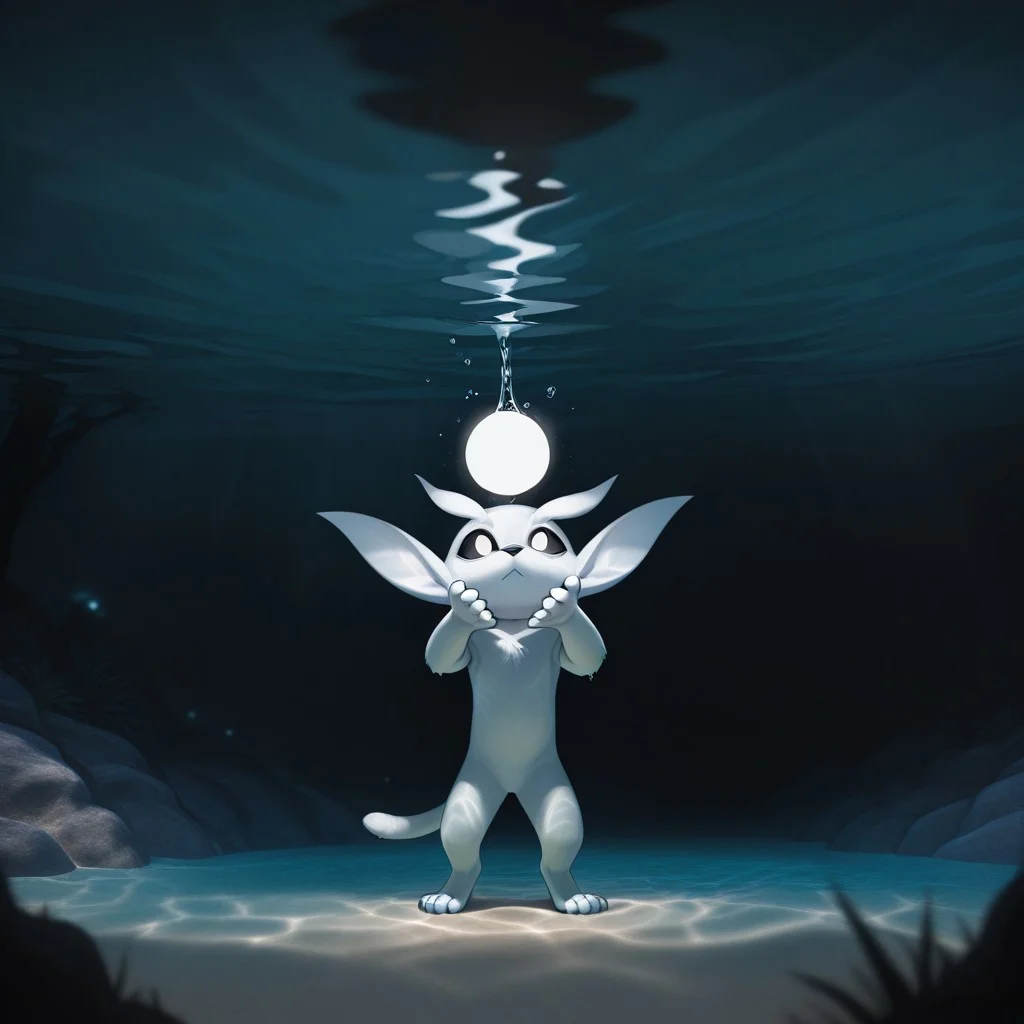 masterpiece, best quality, highres, very aesthetic, absurdres, newest, 1boy, solo, male, furry, ori_il, ori, tail, black sclera, white eyes, paws, feral, chibi, in trees, dark, Dim Lights, partially underwater shot, Water coming out of the wall, full body, standing on ground, Side view, looking up, (((hands hold a light ball))), light from light ball, detailed background, Running Water, (((hands up))),on water, water line, cute,
male focus, focused subject,