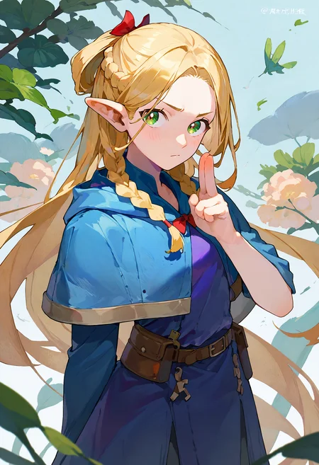 score_9, score_8_up, score_7_up, 1girl, kuji-in, (serious:0.6), looking at viewer,
marcille, blue capelet blue robe belt, french braid twin braids
<lora:kuji-in_1_pony_d32:1> <lora:falin_marcille_pony_d16:1>