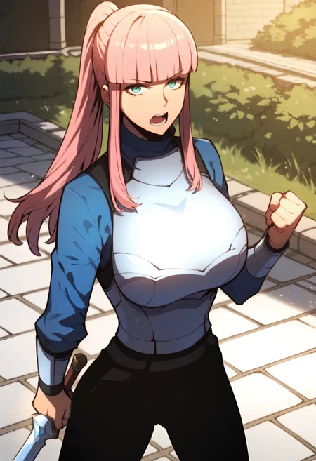 score_9, score_8_up, score_7_up, score_6_up, source_anime, rating_explicit, 1girl, solo, huge breasts,<lora:Mesa Milkano prefectPonyxl:0.9> pink hair, long hair, ponytail, blunt bangs, blue eyes, sidelocks, aqua eyes, white armor, blue shirt, turtleneck, breastplate, long sleeves, black pants, serious, open mouth, training ground, outdoors, looking at viewer, (holding sword:1.1), fighting stance, standing, spread legs, clenched hand