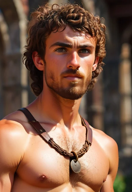 Skinny, lean, 15 yeat old viking male. Handsome Teenage gladiator, hairy armpits, masculine, Adam's apple, broad shoulders. Narrow body. Hairy legs, hairy navel. Veiny body.  Soft natural light. Good lighting. Hot summer day.