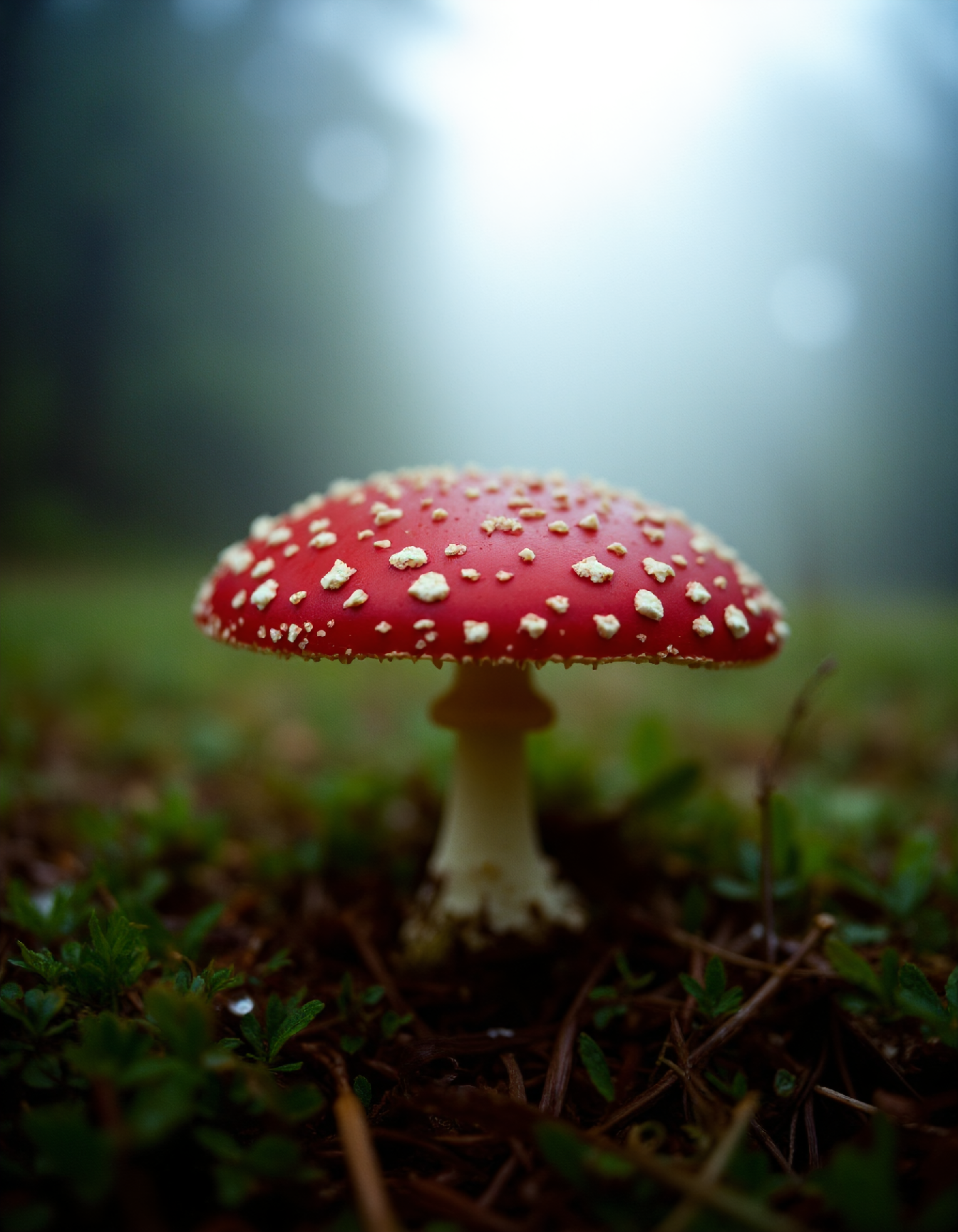 cinematic film style, cinematic color style, Kodak film style. A single, vibrant red mushroom with white spots, illuminated by a shaft of ethereal light piercing through the morning fog.  The background is a soft blur of muted greens and browns, with a hint of dew-kissed grass.  Focus on the intricate details of the mushroom's cap, showcasing its texture and the delicate gills beneath.  Capture the scene with a grainy, film-like texture, reminiscent of classic horror cinema.  Use a shallow depth of field to create a sense of mystery and draw attention to the mushroom.  The overall mood should be eerie and captivating, with a touch of melancholy.