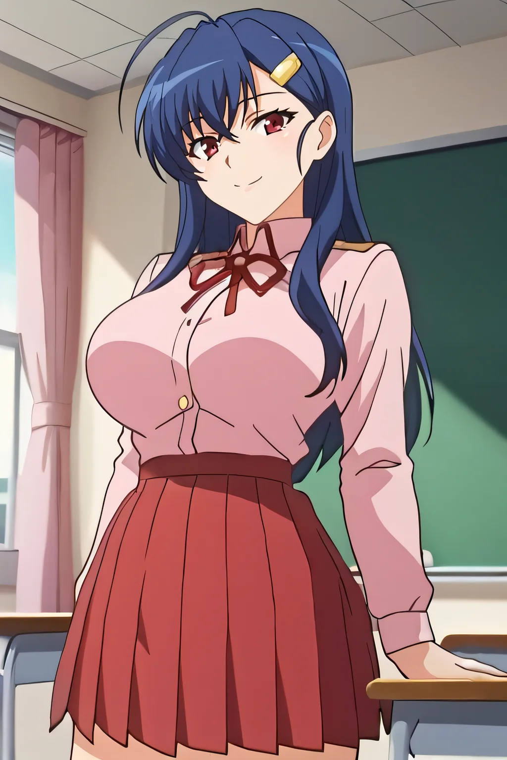 score_9, score_8_up, score_7_up, source_anime, rating_safe, intricate details, anime screencap, official style, 1girl, solo, <lora:Reiko:1>, reiko, blue hair, red eyes, yellow hairclip, school uniform, pink shirt, long sleeves, red ribbon, large breasts, red skirt, pleated skirt, looking at viewer, smile, indoor, cowboy shot, classroom