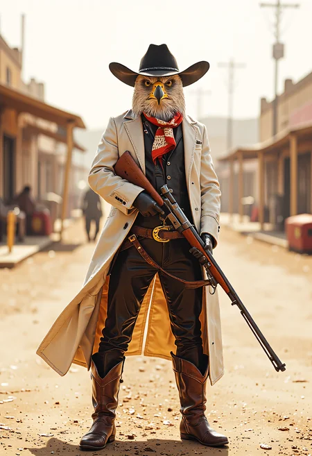 Anthropomorphic american white-headed eagle as a stylish Wild West gunslinger, standing confidently in the middle of a dusty street, staring directly at the viewer with a piercing, unflinching gaze. He wears a long, tailored white coat flowing in the wind, black leather pants, tall cowboy boots with gleaming spurs, a vibrant red scarf tied around his neck, a wide-brimmed black cowboy hat casting a shadow over his sharp beak, and black leather gloves gripping a long Winchester rifle aimed forward. His feathers glint subtly in the harsh sunlight, exuding swagger and danger. Cinematic shallow depth of field, subject in razor-sharp focus, background blurred with soft bokeh, (low-angle shot:1.5) emphasizing his towering presence, full-body framing from head to spurs, minimal emphasis on the hazy desert town behind him.  <lora:ral-anthropomorphic-flux:1>,  <lora:Flux-Enhancer:0.8>, Anamorphic bokeh style <lora:Anamorphic bokeh v2:0.6>,  aidmaimageupgrader <lora:aidmaImageUpraderv0.3:0.5>, in the style of Jed-clrfl <lora:flux-colourful:0.4>