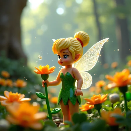Photorealistic image of Lego figurines of TinkerWaifu in a forest around multiple flower, she is holding a beautiful flower, fairy wings, blue eyes, green dress, sexy, hair bun,, magic particles, captured in high detail, with vibrant colors and sharp focus, highlighting the characters' iconic features in a lifelike and playful way