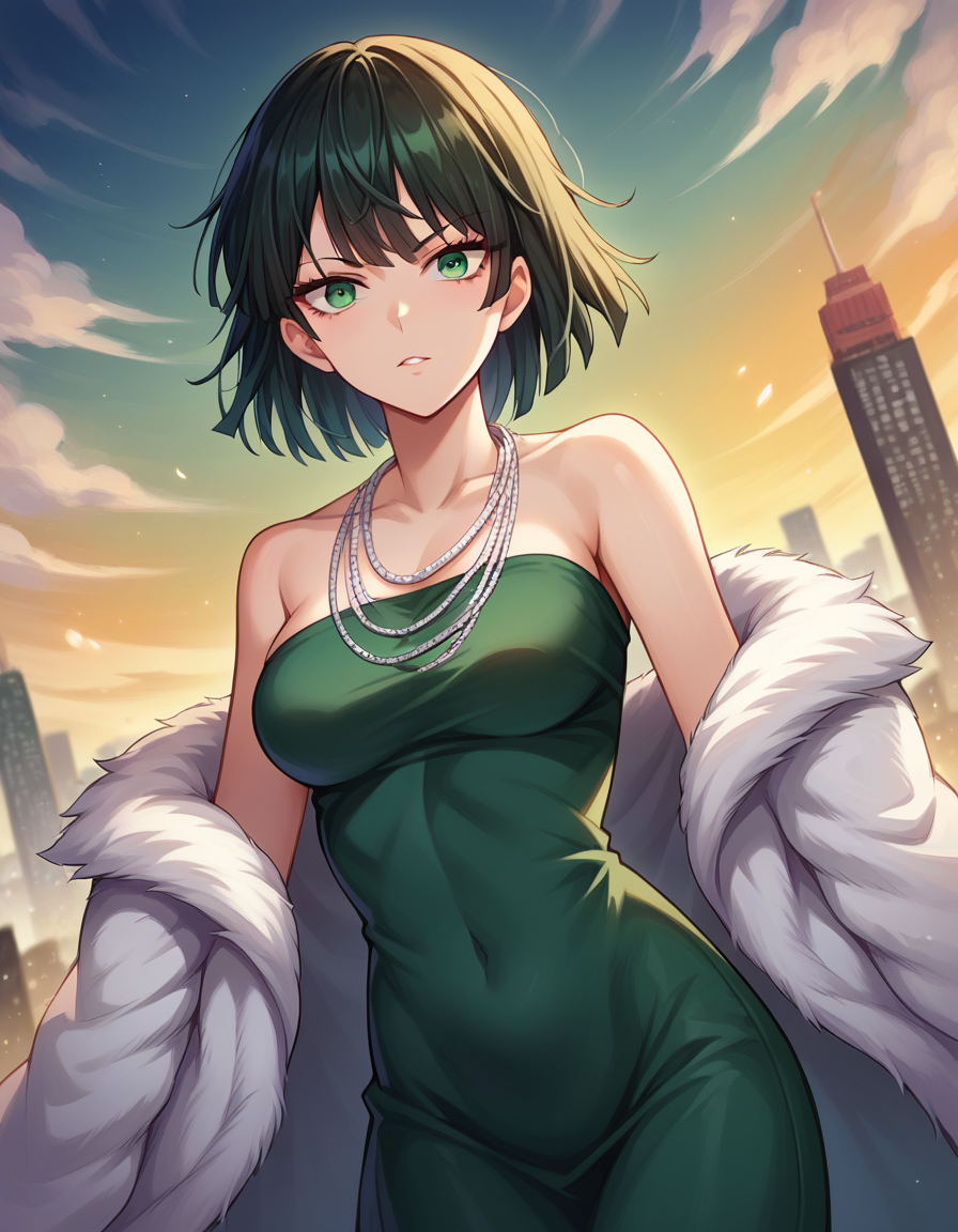 score_9, score_8_up, score_7_up, source_anime,
fubuki, <lora:opm-fubuki-ponyxl-lora-nochekaiser:1>,
fubuki, black hair, green eyes, short hair,
black dress, dress, fur coat, high collar, jewelry, necklace, off shoulder, taut clothes, taut dress,
outdoors, cityscape,
looking at viewer, dutch angle, cowboy shot,