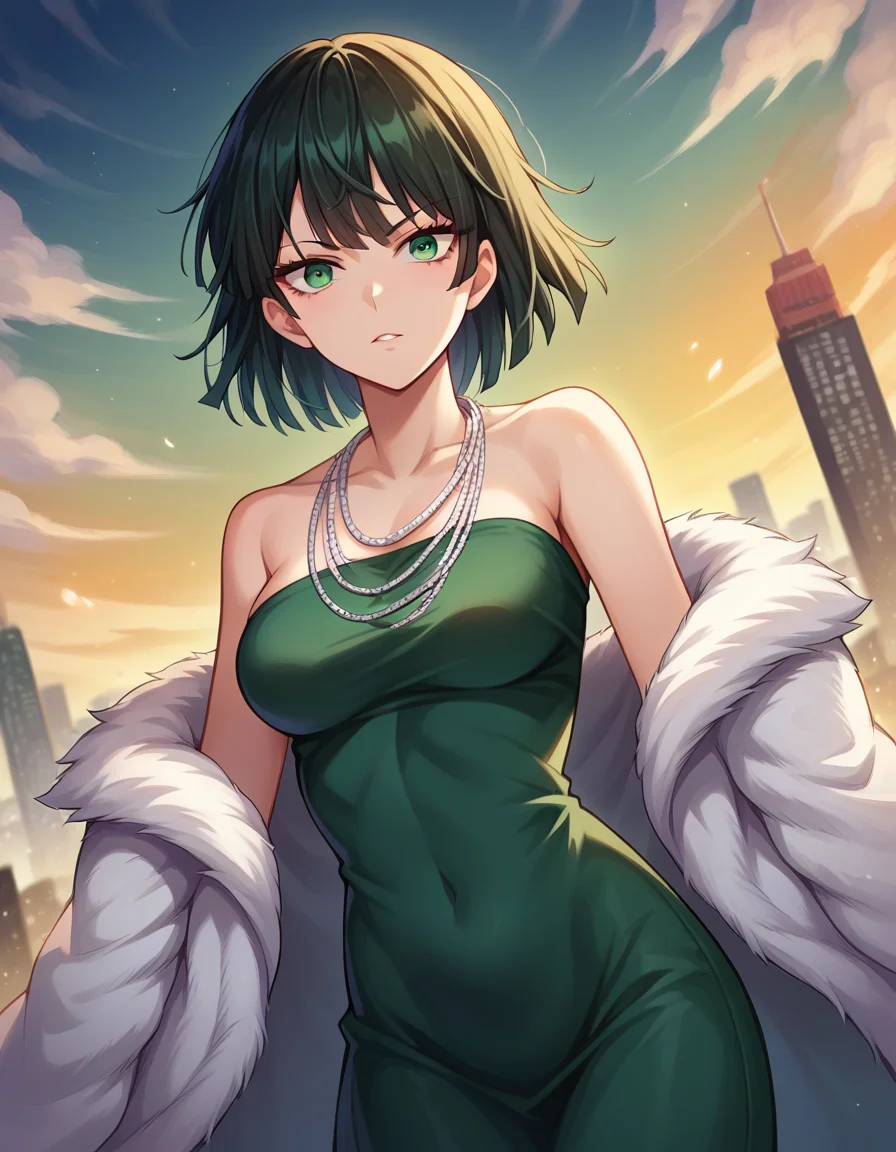 score_9, score_8_up, score_7_up, source_anime,
fubuki, <lora:opm-fubuki-ponyxl-lora-nochekaiser:1>,
fubuki, black hair, green eyes, short hair,
black dress, dress, fur coat, high collar, jewelry, necklace, off shoulder, taut clothes, taut dress,
outdoors, cityscape,
looking at viewer, dutch angle, cowboy shot,