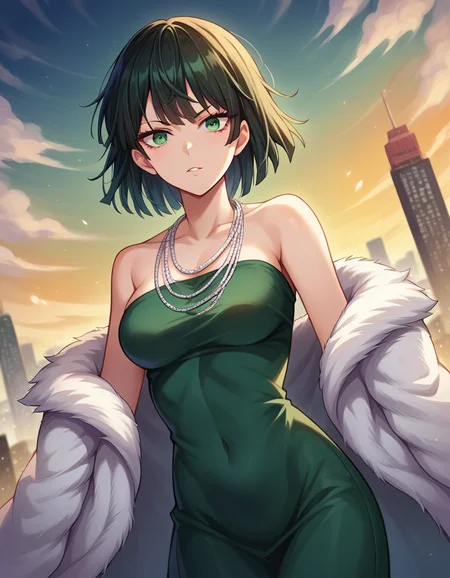 score_9, score_8_up, score_7_up, source_anime,
fubuki, <lora:opm-fubuki-ponyxl-lora-nochekaiser:1>,
fubuki, black hair, green eyes, short hair,
black dress, dress, fur coat, high collar, jewelry, necklace, off shoulder, taut clothes, taut dress,
outdoors, cityscape,
looking at viewer, dutch angle, cowboy shot,